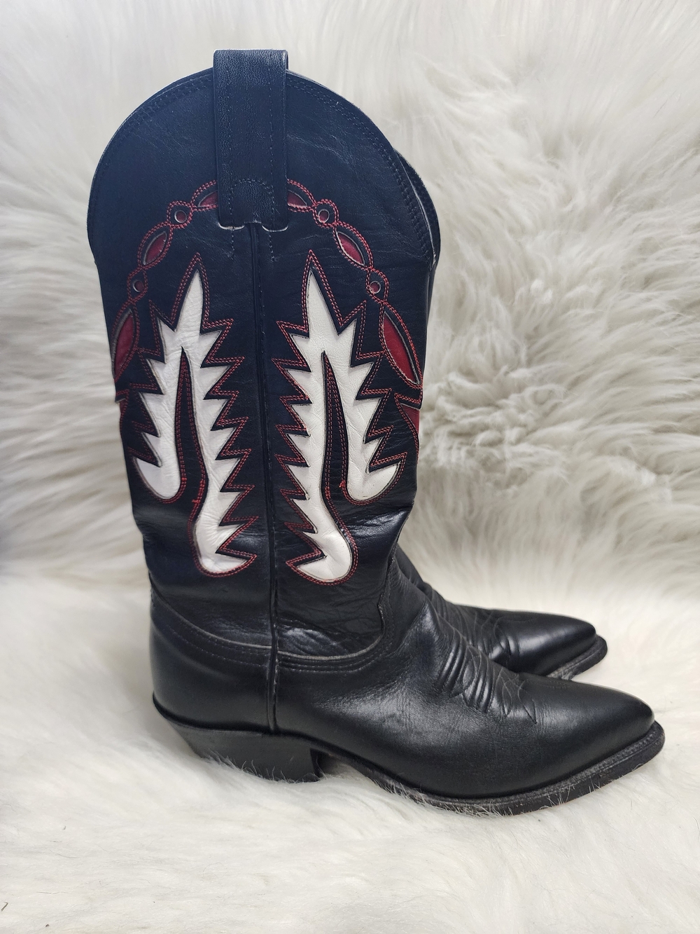 Nocona Vintage Black Leather Cowboy Boots Red White Flames Flame Inlay USA 8B